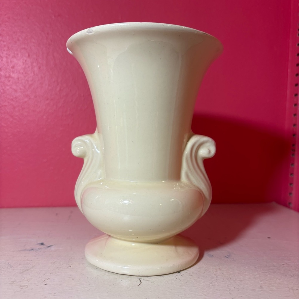 Vintage Classic Cream Vase with Elegant Handles Art Deco Mid-Century Modern Cute
